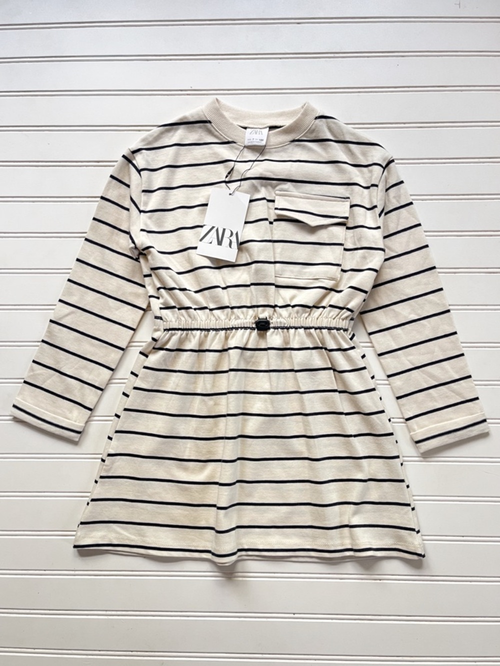 ZARA NWT Neutral Cream & Black Striped Elastic Bungee Waist Long Sleeve Dress